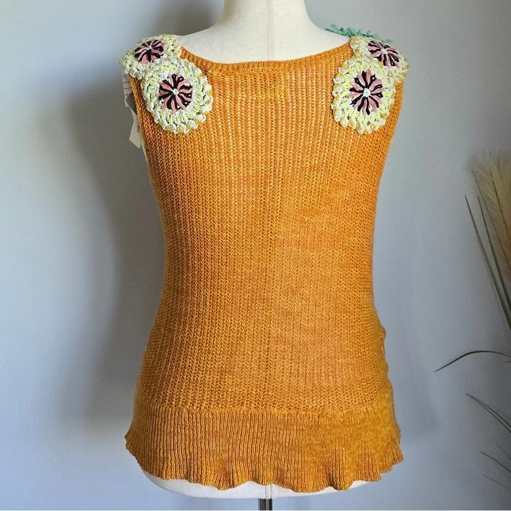 Anthropologie NEW EDIE Satsuma Pinwheel Floral Crochet Linen Knit Top SZ Large - Picture 5 of 11